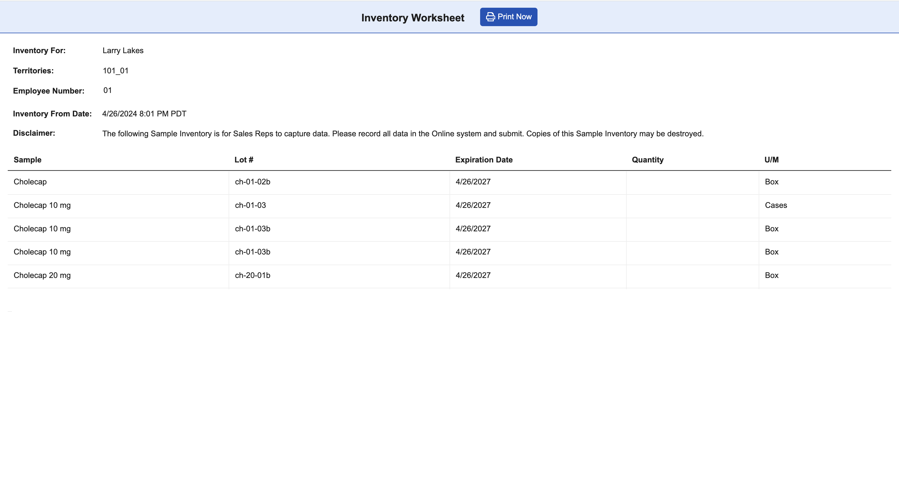 Printing Inventory and Transfer Worksheets